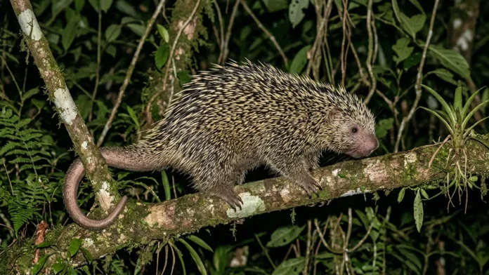 O ouriço-cacheiro usa microfaras nos espinhos e a cauda preênsil como quinto membro à noite O ouriço-cacheiro usa microfaras nos espinhos e a cauda preênsil como quinto membro à noite
