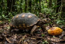 Jabuti-tinga usa o olfato para localizar frutos caídos e espalha sementes longe da árvore-mãe Jabuti-tinga usa o olfato para localizar frutos caídos e espalha sementes longe da árvore-mãe