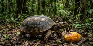 Jabuti-tinga usa o olfato para localizar frutos caídos e espalha sementes longe da árvore-mãe Jabuti-tinga usa o olfato para localizar frutos caídos e espalha sementes longe da árvore-mãe