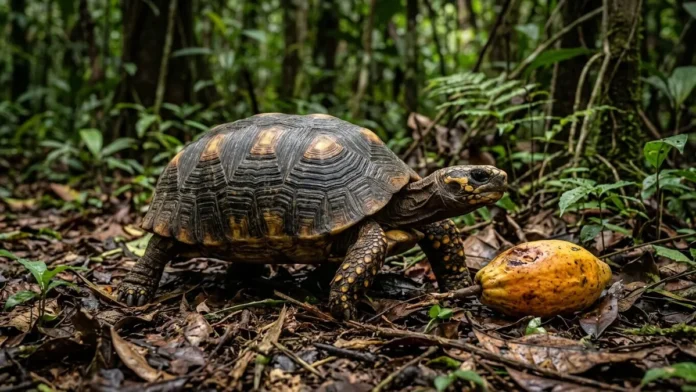 Jabuti-tinga usa o olfato para localizar frutos caídos e espalha sementes longe da árvore-mãe