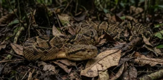 Surucucu detecta calor pela fosseta loreal e prepara ataque de emboscada no escuro da floresta Surucucu detecta calor pela fosseta loreal e prepara ataque de emboscada no escuro da floresta