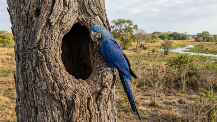 Arara-azul usa oco de manduvi velho e depende da anta para renovar árvores no Pantanal