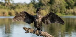 Biguá mantém penas pouco impermeáveis para mergulhar e seca as asas ao sol após a pesca Biguá mantém penas pouco impermeáveis para mergulhar e seca as asas ao sol após a pesca