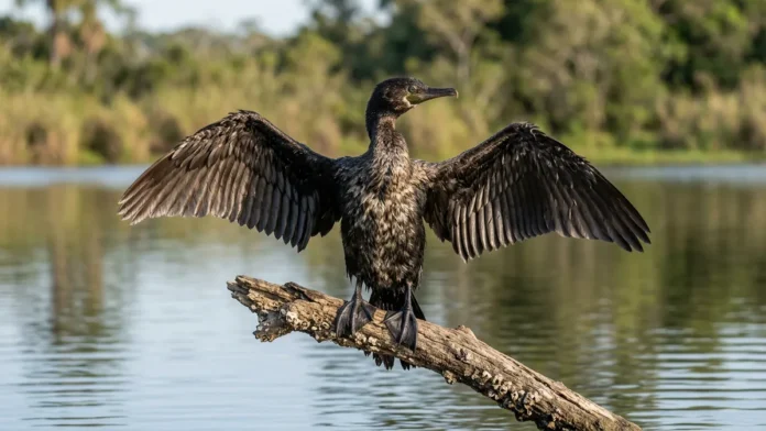 Biguá mantém penas pouco impermeáveis para mergulhar e seca as asas ao sol após a pesca Biguá mantém penas pouco impermeáveis para mergulhar e seca as asas ao sol após a pesca
