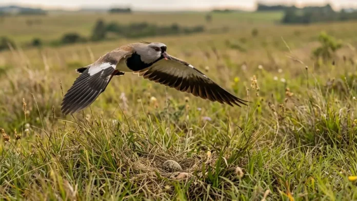 Quero-quero usa esporão na asa em voo rasante para afastar animais maiores e proteger o ninho camuflado no campo Quero-quero usa esporão na asa em voo rasante para afastar animais maiores e proteger o ninho camuflado no campo