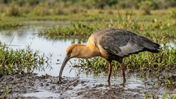 Curicaca enfia o bico curvo no solo mole e encontra presas pelo tato em campos úmidos