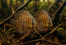 Casal de acará-disco produz muco nutritivo na pele e alimenta filhotes nos primeiros dias em igarapés amazônicos Casal de acará-disco produz muco nutritivo na pele e alimenta filhotes nos primeiros dias em igarapés amazônicos