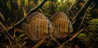 Casal de acará-disco produz muco nutritivo na pele e alimenta filhotes nos primeiros dias em igarapés amazônicos Casal de acará-disco produz muco nutritivo na pele e alimenta filhotes nos primeiros dias em igarapés amazônicos