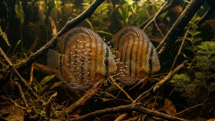 Casal de acará-disco produz muco nutritivo na pele e alimenta filhotes nos primeiros dias em igarapés amazônicos