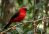 Tiê-sangue acumula carotenoides da fruta na plumagem e só o macho adulto exibe vermelho intenso na Mata Atlântica Tiê-sangue acumula carotenoides da fruta na plumagem e só o macho adulto exibe vermelho intenso na Mata Atlântica