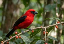Tiê-sangue acumula carotenoides da fruta na plumagem e só o macho adulto exibe vermelho intenso na Mata Atlântica Tiê-sangue acumula carotenoides da fruta na plumagem e só o macho adulto exibe vermelho intenso na Mata Atlântica
