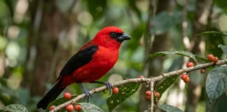Tiê-sangue acumula carotenoides da fruta na plumagem e só o macho adulto exibe vermelho intenso na Mata Atlântica Tiê-sangue acumula carotenoides da fruta na plumagem e só o macho adulto exibe vermelho intenso na Mata Atlântica