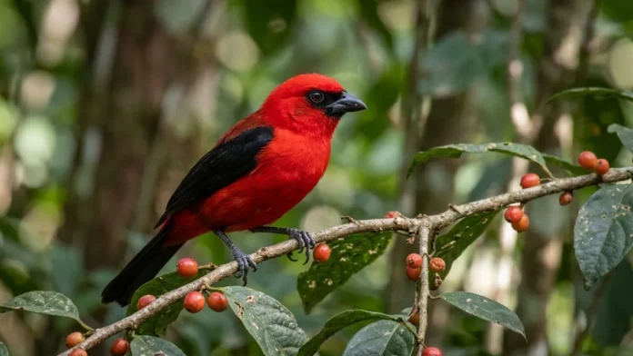 Tiê-sangue acumula carotenoides da fruta na plumagem e só o macho adulto exibe vermelho intenso na Mata Atlântica Tiê-sangue acumula carotenoides da fruta na plumagem e só o macho adulto exibe vermelho intenso na Mata Atlântica
