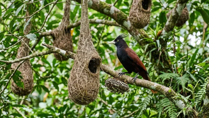 Japu pendura ninho perto de vespeiro e usa vespas para afastar macacos e aves predadoras Japu pendura ninho perto de vespeiro e usa vespas para afastar macacos e aves predadoras