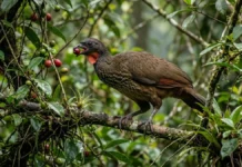 Jacu engole frutos inteiros e dispersa sementes intactas longe da árvore, ajudando a regenerar a floresta Jacu engole frutos inteiros e dispersa sementes intactas longe da árvore, ajudando a regenerar a floresta