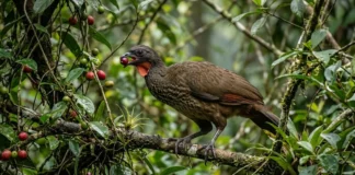 Jacu engole frutos inteiros e dispersa sementes intactas longe da árvore, ajudando a regenerar a floresta Jacu engole frutos inteiros e dispersa sementes intactas longe da árvore, ajudando a regenerar a floresta