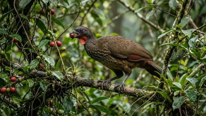Jacu engole frutos inteiros e dispersa sementes intactas longe da árvore, ajudando a regenerar a floresta Jacu engole frutos inteiros e dispersa sementes intactas longe da árvore, ajudando a regenerar a floresta