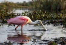 Colhereiro varre a água com o bico e fecha por toque para capturar presas em águas turvas Colhereiro varre a água com o bico e fecha por toque para capturar presas em águas turvas