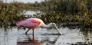 Colhereiro varre a água com o bico e fecha por toque para capturar presas em águas turvas Colhereiro varre a água com o bico e fecha por toque para capturar presas em águas turvas