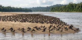 Andorinha-do-rio troca a posição na borda do bando para dormir em segurança sobre bancos de areia Andorinha-do-rio troca a posição na borda do bando para dormir em segurança sobre bancos de areia