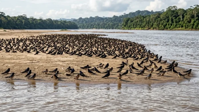 Andorinha-do-rio troca a posição na borda do bando para dormir em segurança sobre bancos de areia Andorinha-do-rio troca a posição na borda do bando para dormir em segurança sobre bancos de areia