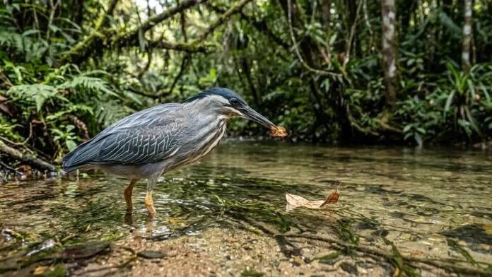 Garça utiliza pena ou folha como isca, atraindo peixes para o ataque em águas rasas