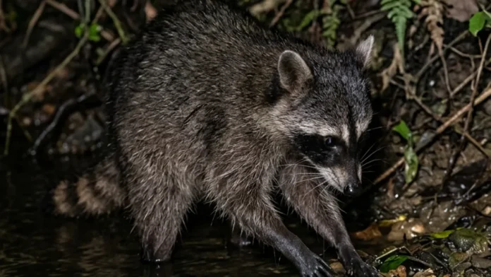Mão-pelada usa patas dianteiras sensíveis para remexer alimento na água durante a busca noturna Mão-pelada usa patas dianteiras sensíveis para remexer alimento na água durante a busca noturna