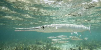 Peixe-agulha usa mandíbula em tesoura para capturar peixes pequenos junto à superfície em cardumes costeiros Peixe-agulha usa mandíbula em tesoura para capturar peixes pequenos junto à superfície em cardumes costeiros