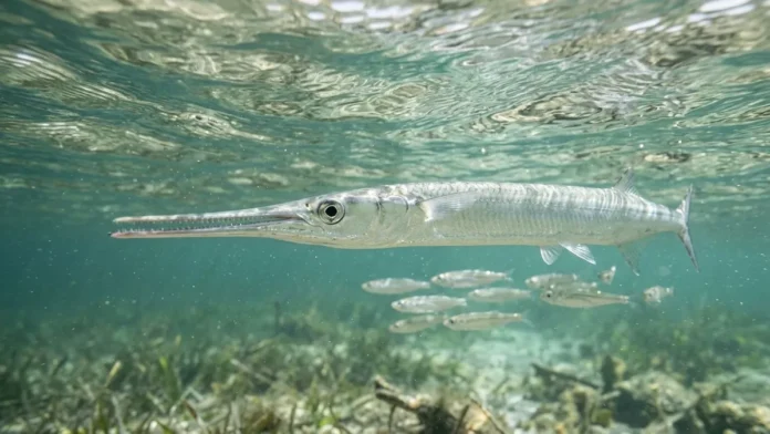 Peixe-agulha usa mandíbula em tesoura para capturar peixes pequenos junto à superfície em cardumes costeiros Peixe-agulha usa mandíbula em tesoura para capturar peixes pequenos junto à superfície em cardumes costeiros