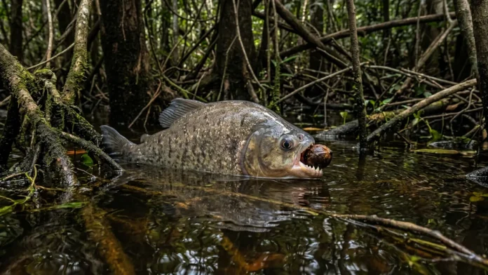 Pirapitinga usa dentes fortes para triturar sementes e dispersa as que escapam intactas na floresta alagada