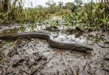 Múçum respira pela boca e atravessa a terra úmida para trocar de poça quando a água seca Múçum respira pela boca e atravessa a terra úmida para trocar de poça quando a água seca