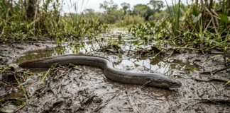 Múçum respira pela boca e atravessa a terra úmida para trocar de poça quando a água seca Múçum respira pela boca e atravessa a terra úmida para trocar de poça quando a água seca