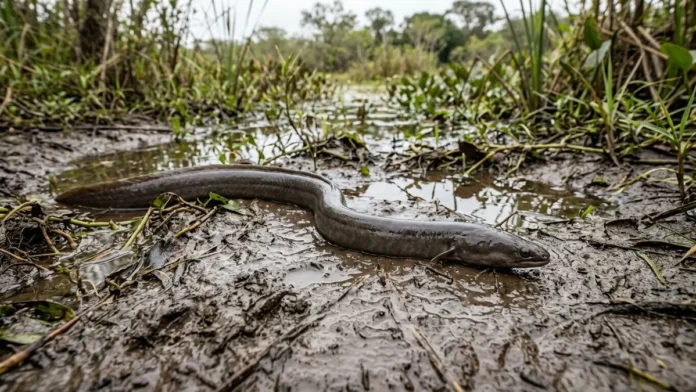 Múçum respira pela boca e atravessa a terra úmida para trocar de poça quando a água seca Múçum respira pela boca e atravessa a terra úmida para trocar de poça quando a água seca