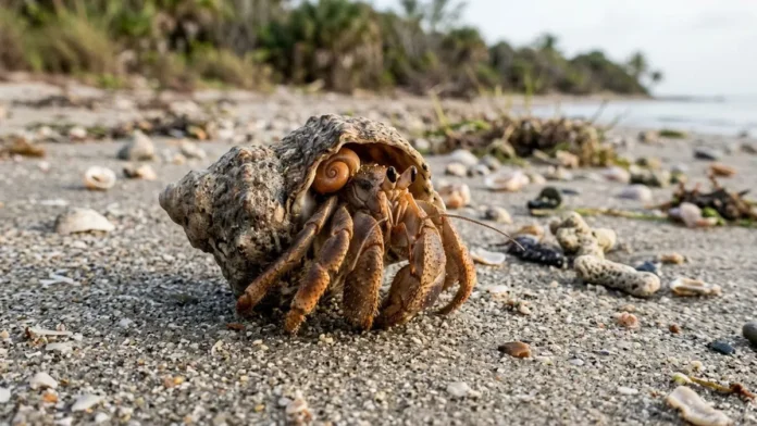 Caranguejo-eremita troca conchas vazias ao crescer, forma filas e disputa abrigo enquanto alguns ocupam tampas plásticas Caranguejo-eremita troca conchas vazias ao crescer, forma filas e disputa abrigo enquanto alguns ocupam tampas plásticas