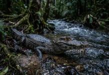 Jacaré-coroa cabe no colo, mede até 1,5 metro e protege as pálpebras com placas ósseas em igarapés correntes Jacaré-coroa cabe no colo, mede até 1,5 metro e protege as pálpebras com placas ósseas em igarapés correntes