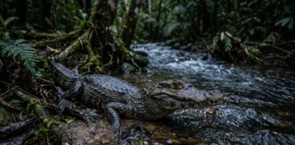 Jacaré-coroa cabe no colo, mede até 1,5 metro e protege as pálpebras com placas ósseas em igarapés correntes Jacaré-coroa cabe no colo, mede até 1,5 metro e protege as pálpebras com placas ósseas em igarapés correntes