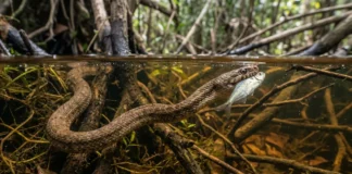 Cobra-d’água caça peixe de olhos abertos no fundo do igarapé, sobe para respirar e não solta a presa Cobra-d’água caça peixe de olhos abertos no fundo do igarapé, sobe para respirar e não solta a presa