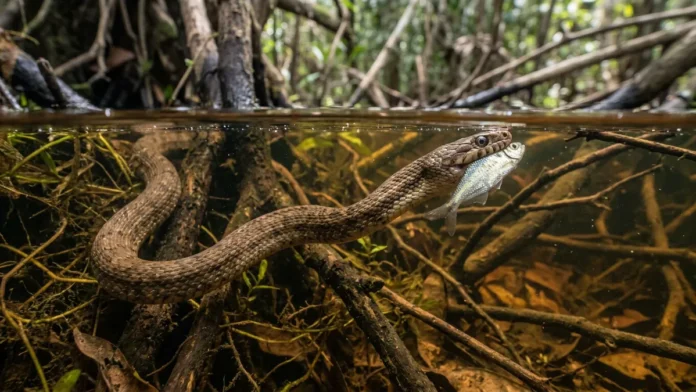 Cobra-d’água caça peixe de olhos abertos no fundo do igarapé, sobe para respirar e não solta a presa Cobra-d’água caça peixe de olhos abertos no fundo do igarapé, sobe para respirar e não solta a presa