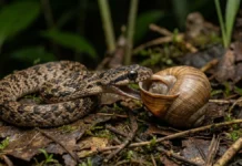Dormideira usa mandíbula estreita e assimétrica para retirar caramujos da concha sem quebrá-la durante a caça noturna Dormideira usa mandíbula estreita e assimétrica para retirar caramujos da concha sem quebrá-la durante a caça noturna