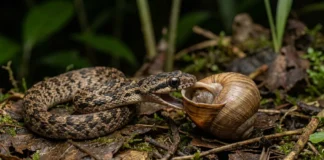 Dormideira usa mandíbula estreita e assimétrica para retirar caramujos da concha sem quebrá-la durante a caça noturna Dormideira usa mandíbula estreita e assimétrica para retirar caramujos da concha sem quebrá-la durante a caça noturna