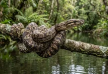Salamanta enrola-se em galho sobre a água, espera meses pela presa certa e usa calor para decidir quando atacar Salamanta enrola-se em galho sobre a água, espera meses pela presa certa e usa calor para decidir quando atacar