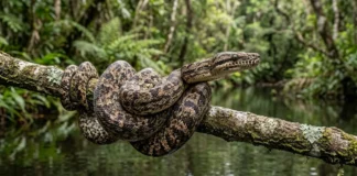 Salamanta enrola-se em galho sobre a água, espera meses pela presa certa e usa calor para decidir quando atacar Salamanta enrola-se em galho sobre a água, espera meses pela presa certa e usa calor para decidir quando atacar