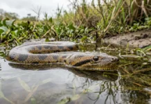 Sucuri-amarela se mantém submersa no Pantanal, detecta vibrações em água rasa e imobiliza presas pela constrição Sucuri-amarela se mantém submersa no Pantanal, detecta vibrações em água rasa e imobiliza presas pela constrição