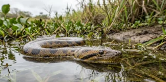 Sucuri-amarela se mantém submersa no Pantanal, detecta vibrações em água rasa e imobiliza presas pela constrição Sucuri-amarela se mantém submersa no Pantanal, detecta vibrações em água rasa e imobiliza presas pela constrição