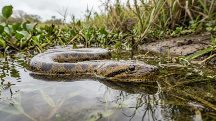 Sucuri-amarela se mantém submersa no Pantanal, detecta vibrações em água rasa e imobiliza presas pela constrição Sucuri-amarela se mantém submersa no Pantanal, detecta vibrações em água rasa e imobiliza presas pela constrição