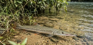Bicuda persegue cardume em água rasa, salta fora do rio e prende peixes com dentes finos durante a caça Bicuda persegue cardume em água rasa, salta fora do rio e prende peixes com dentes finos durante a caça