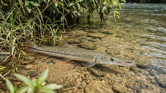 Bicuda persegue cardume em água rasa, salta fora do rio e prende peixes com dentes finos durante a caça Bicuda persegue cardume em água rasa, salta fora do rio e prende peixes com dentes finos durante a caça