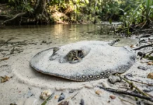 Arraia-cururu enterra o corpo na areia, mantém os olhos expostos e encontra presas ocultas com eletricidade Arraia-cururu enterra o corpo na areia, mantém os olhos expostos e encontra presas ocultas com eletricidade