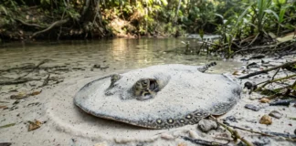 Arraia-cururu enterra o corpo na areia, mantém os olhos expostos e encontra presas ocultas com eletricidade Arraia-cururu enterra o corpo na areia, mantém os olhos expostos e encontra presas ocultas com eletricidade