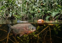 Pacu espera a fruta cair no igapó, tritura sementes duras com dentes molares e alterna entre dispersar e destruir sementes Pacu espera a fruta cair no igapó, tritura sementes duras com dentes molares e alterna entre dispersar e destruir sementes